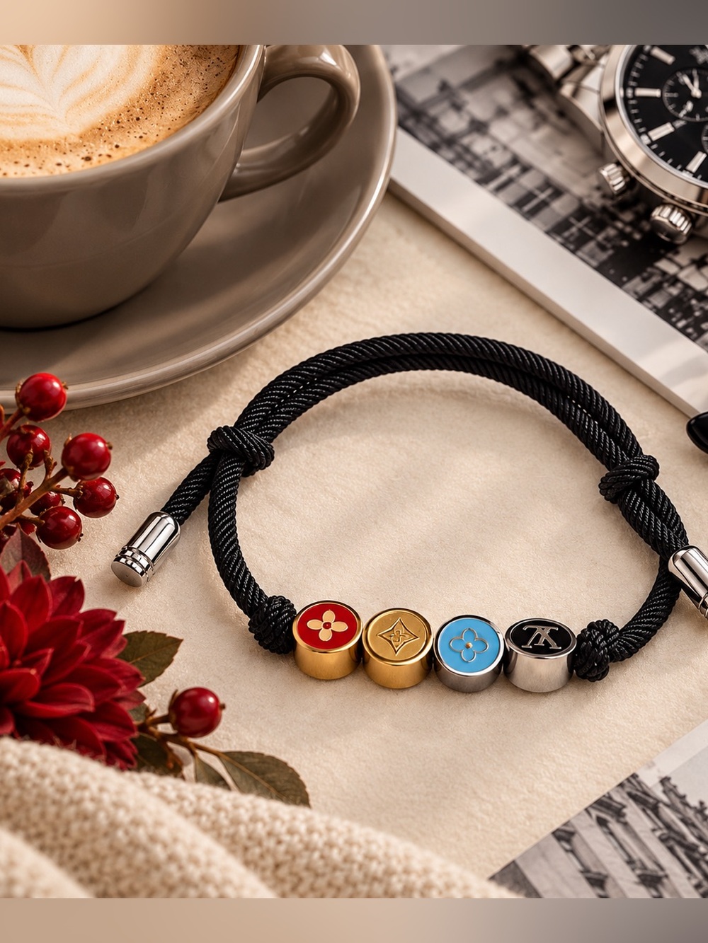 Unisex Adjustable Black Cord Bracelet Steel Charms Statement Jewelry